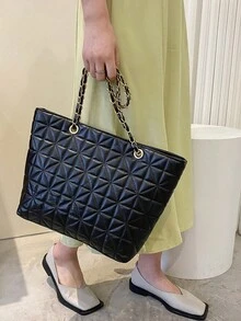 Black PU Leather Fashionable Minimalist Style Large Capacity Diamond Pattern Metal Chain Zipper Shoulder Tote Bag, Suitable For Women's Daily Commute, Travel, Vacation, Party, Gathering With Friends, Girlfriend Birthday Gift, Girlfriend Valentine's Day Gift, Women's Work Bag - Black - View 6