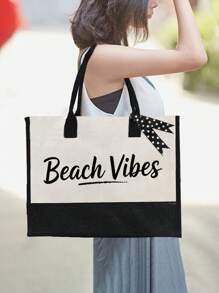 Bolso de mano y bolso, bolso de hombro, impreso con las letras "Beach Vibes", bolso de tarjetas, bolso de tela versátil y portátil para maestros, bolsa de tela para apreciar a los maestros, regalo para mujeres, bolso de almacenamiento casual y portátil, bolsa de compras multifuncional