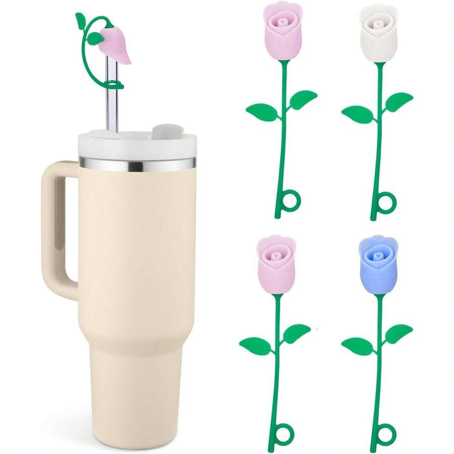 Straw Toppers For  Cup, Cute Straw Cover Cap Compatible With 20 30 40 Oz Tumbler And Water Bottles, 6 8 10mm Straws Accessories, 2Pcs Silicone Rose Flower For Women Girls Friends Gift (Pink)