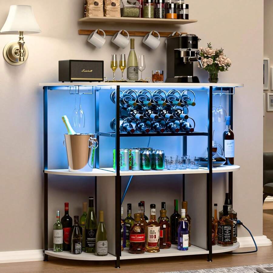 Wine Bar Cabinet Featuring Power Outlet And LED Light, 4-Tier Home Liquor Bar With Storage Rack And Glass Holder