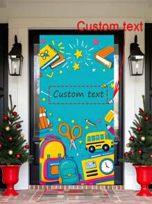 1 pieza Cortina de decoración de dibujos animados de vuelta a la escuela - Texto personalizable, diseño de lápiz y libro - No se requiere electricidad, adecuado para el aula, educación en el hogar, decoración de fiestas, tema del aula, decoración de bienvenida de fácil colgado, arreglo de eventos, impresión gráfica