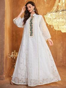 Vestido de noche formal con mangas largas, suelto, de malla sólida, con encaje y aplicaciones de strass - Blanco - Ver 3