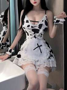 1 pieza Disfraz de criada de vaca blanca y negra lindo para Halloween, Navidad, Día de San Valentín, Disfraz de juego de roles