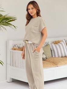 2 Piece Knit Sets Women Sweatsuit Sets - Apricot - View 4