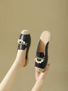 1 Pair Women's Bohemian Pearl Decor Fisherman Slides, Flat Closed Toe Slip-On Sandals For Summer Outdoor Wear