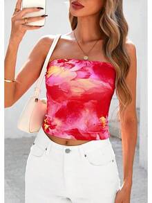 Tops tubo sin tirantes para mujeres, tops cortos con diseño floral de malla estilo Y2K para atuendos de salida en verano 2025 - Rosa Fucsia - Ver 8