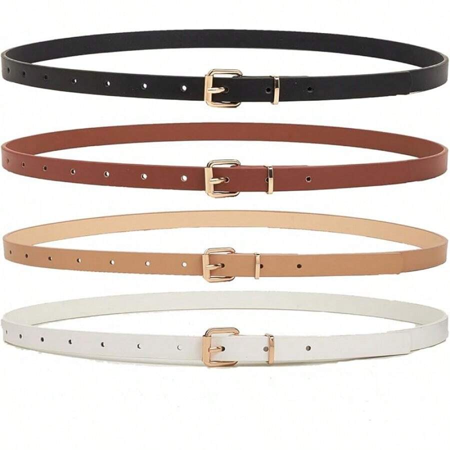4 Pack Women Belts Jeans Dress Thin Waist Belt Ladies With Gold 0.55 Width, 2025 Style - E_黑色+米色+棕色+白色 - 查看 1