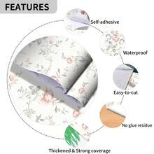 1 卷优雅法式清新碎花图案自粘墙纸，浅粉色花卉枝叶图案墙贴，即撕即贴，防水乙烯基接触纸，可撕可拉，拆卸不留胶，非常适合居家卧室、客厅 - 彩色 - 查看 6