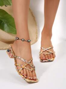 New Women Thick Heel Sandals Summer Beige Floral Thong Outdoor Mid Heel Versatile Fashion Slippers