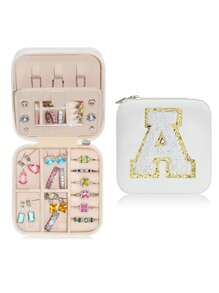 1pc Portable Travel Jewelry Box, Custom Lettered (A-Z) Organizer, Multi-Layer Jewelry Case With Mirror And Makeup Brush Holder, Suitable For Rings, Necklaces For Women Storage Organizer Travel Essentials Back To School Dormitory Storage