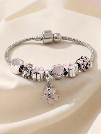 1pc Elegant Pink 5-Petal Flower Pendant Copper Bracelet With Shimmering Resin Beads - Handmade Jewelry For Women, Delicate Hollow Design, Adjustable Chain Length, A Perfect Gift