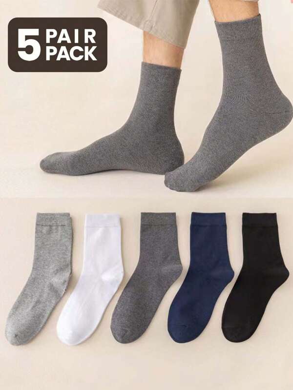 1/5 Pares de Meias Casuais de Meia-Altura de Cor Sólida, Confortáveis e Macias para Homens, para Todas as Estações