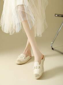 1 Pair Women's Open Toe Slip-On Flats, Bohemian Pearl Decor Fisherman Slides Casual Mules Summer Sandals