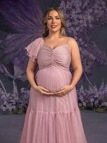 Faeriesty Dressalisa Elegant Plus 孕妇不对称领口褶饰紧身胸衣超大薄纱裙，带荷叶边饰袖，适合夏春场合（婚礼嘉宾、正式晚宴、花园派对、孕妇写真、晚会）