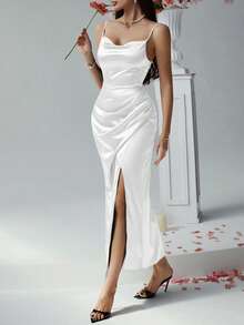 Look Polly Women's Summer Dress, Solid Color Silk Maxi Slip Dress, Wedding Guest Dress, Autumn Dress, Back To School Outfit, All White Party Set, Off-Shoulder Gown, Formal Dance Dress, Elegant Sexy High Slit Maxi Dress, All White Party Set, Christmas Outfit - White - View 11