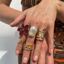 6pcs/Set Baroque Inspired Faux Pearl Flower Ring Set, Vintage Retro Bold Adjustable Cocktail Rings For Women