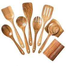 SHEIN X Heather Rae 5 Pieces Wooden Kitchen Utensil Set, Wooden Spoon For Cooking, Wooden Cooking Utensils, Natural Teak Wooden Spoon For Nonstick Pans