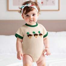Baby Boys Girls Romper Short Sleeve Crew Neck Duck Embroidery Bodysuit Newborn Playsuit - 杏色 - 查看 5