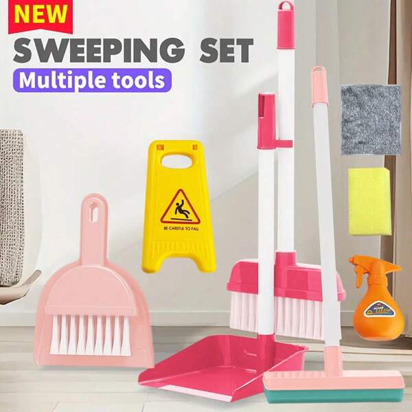 Set de jouet de nettoyage pour enfants, jouet de ménage simulé, set de jeu de nettoyage et de balayage pour enfants, accessoires pour jeu de rôle, set de jeu interactif pour garçons et filles, cadeau idéal pour l'anniversaire et Noël