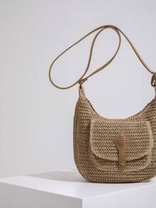 Túi xách đeo vai rơm thời trang cổ điển dung tích lớn cho kỳ nghỉ bãi biển - Màu Khaki - Xem 6