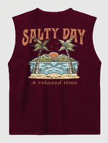 Coastal | 男士轻薄夏季度假棕榈树字母印花圆领休闲背心 - 酒紅色 - 查看 5