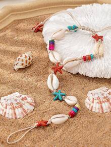 1 件时尚海洋元素珠宝，流苏贝壳硬币脚链，女士海滩度假珠宝