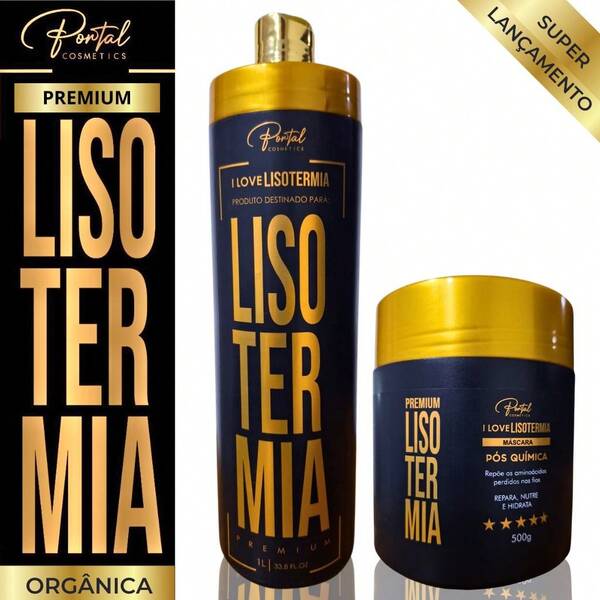 Kit Progressiva Orgânica Sem Formol Lisotermia  -1L - Liso Extremo Máscara Collagen Tratamento Capilar 500g Pós Progressiva