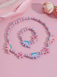 1 colar + 1 pulseira com lindos desenhos de dinossauro e estrela do mar, conjunto de joias com contas de madeira, adequado para uso diário, presente de aniversário