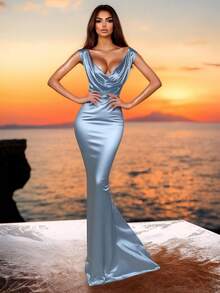 1pc Solid Color Elegant Backless Bodycon Dress With Side Zipper, Suitable For Valentine's Day Party - Dusty Blue - View 1