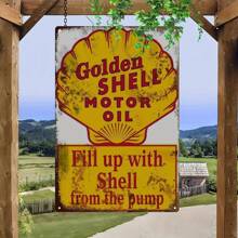 Vintage Golden Shell Metal Sign - Retro Oil Pump Design, 8x12 Inch Rustic Wall Art For Home, Garage, Bar, Or Garden Decor, Indoor & Outdoor Use, Metal Wall Art Decor