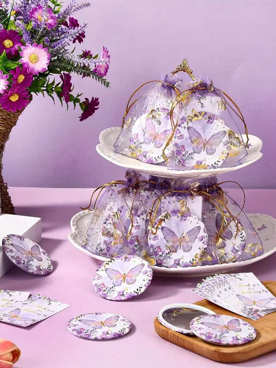 Set de 18/3 piezas con diseño de mariposa, espejo de mariposa púrpura con bolsa de organza y tarjeta de agradecimiento, regalos para fiestas, decoración central, regalos para amigos, recuerdos para bodas, baby shower, aniversarios y cumpleaños