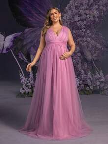 Faeriesty Vestido de maternidad de talla grande Dressalisa con escote en V sin mangas y detalles de hombros con cuentas - Falda de tul sobredimensionada lujosa para bodas, fiestas y eventos glamorosos de primavera/verano (Diseño de maternidad elegante y sofisticado, silueta favorecedora) - Púrpura malva - Ver 7