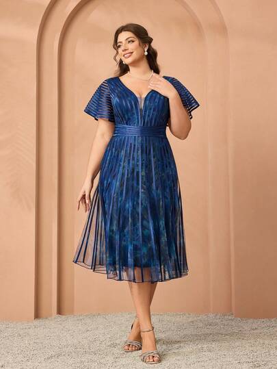 新款魔术系列V领印花网纱短袖系带喇叭下摆高档晚礼服，适合正式晚宴