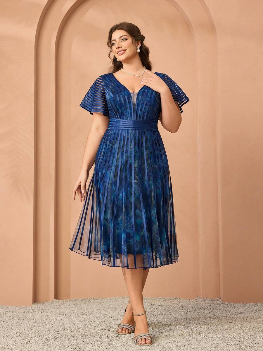 新款魔术系列V领印花网纱短袖系带喇叭下摆高档晚礼服，适合正式晚宴