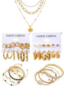 33 pièces Ensemble de bijoux vintage élégant, incluant de fausses perles, boucles d'oreilles géométriques asymétriques exagérées, collier pendentif multi-couches de perles, bracelet et bracelet à forme de serpent en émeraude et strass - convient pour les cadeaux, les fêtes, le port quotidien