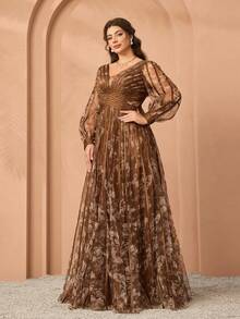 Rochie maxi de înaltă calitate, cu decolteu în V, mâneci lungi, imprimeu din plasă, potrivită pentru evenimente Black Tie