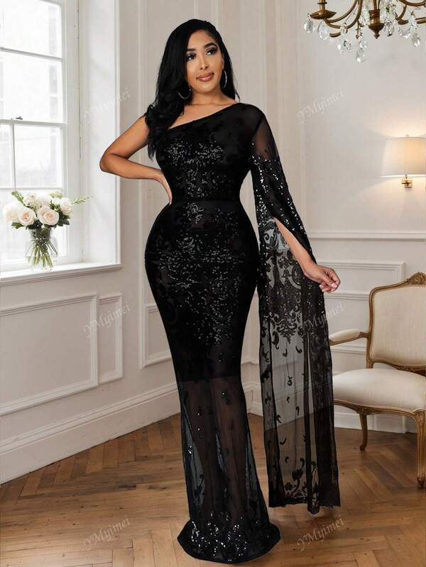 Robe de soirée formelle asymétrique avec manches capes, paillettes, mesh noir, élégante, à manches longues, pour le bal de promo, le dîner, le mariage