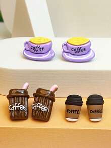 3對女士3d模擬咖啡杯設計樹脂耳釘,可愛,有趣,多功能配件 - 彩色 - 查看 6