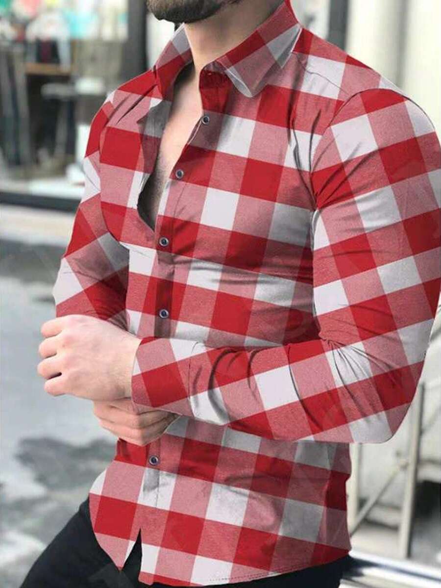 Men's Plaid FLANNEL Shirt Long Sleeve Slim WITHOUT POCKET. - 紅白色 - 查看 1