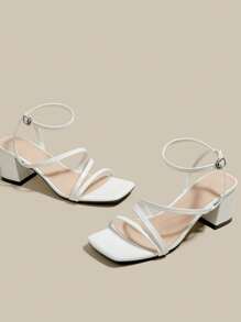 Women's Patent Leather White High Heel Sandals With Criss Cross Strappy Open Toe Chunky Heels, Lace Up Strap Sandals For Summer