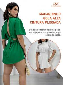 Women's Short Jumpsuit With Waistband, Puff Sleeves, High Neck - Beige - View 4