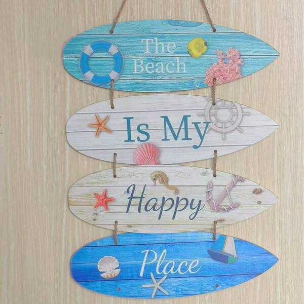 A Set Beach Wall Decor Beach Is My Happy Place Beach Decorations For Home Beach Themed Nautical Surfboard Wall Sign Beach Decor Ocean Theme Wall Signs Hanging Ornament For Bathroom, Bedroom, Living Room