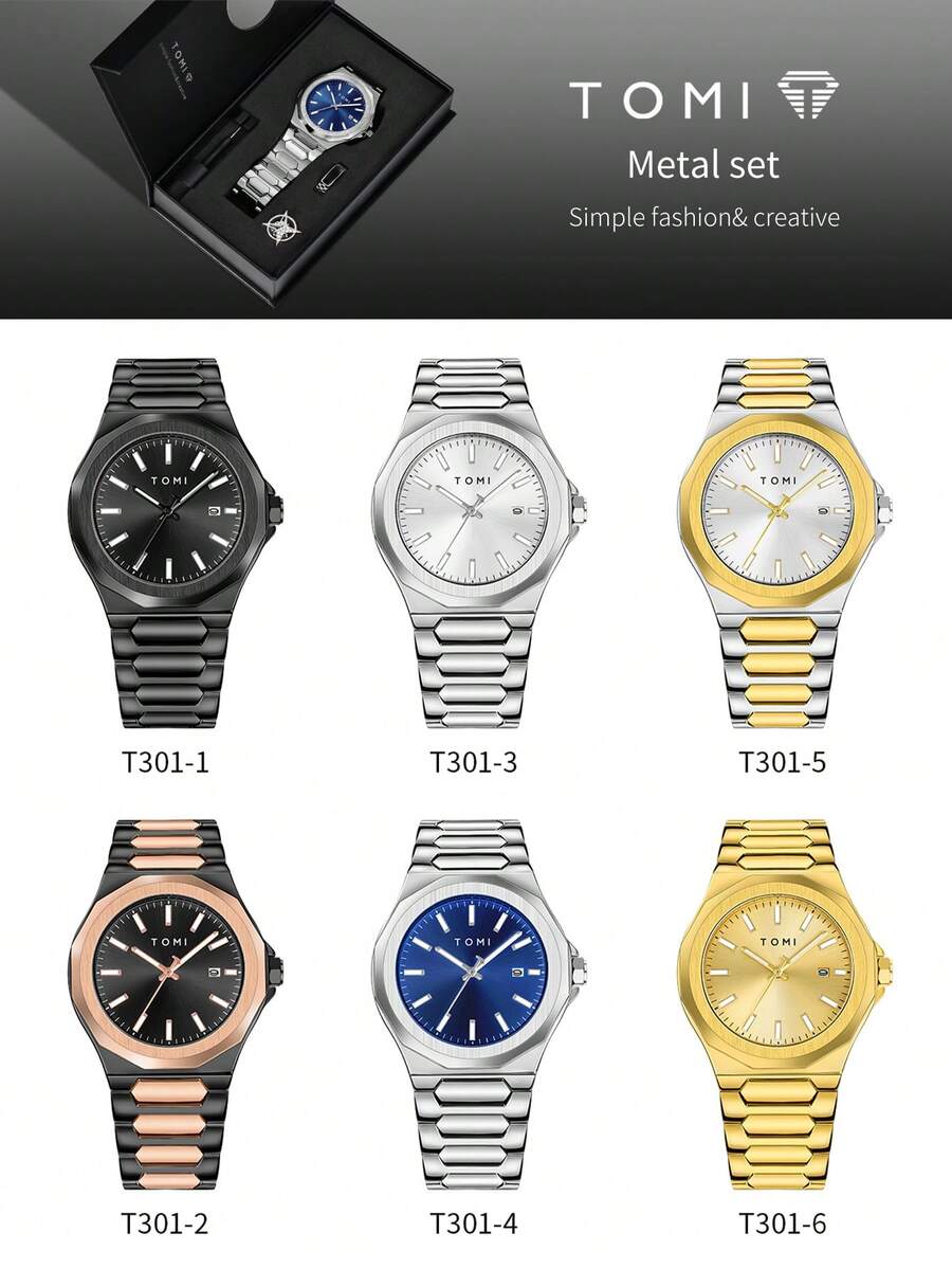 Conjunto de reloj de hombre a batería TOMI con gemelos y anillos, esfera de varilla sencilla, correa de aleación de zinc, reloj de cuarzo con caja de regalo, adecuado para uso diario, eventos de negocios, Día del Padre, regalos del Día de San Valentín - Multicolor - Ver 1