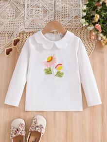 少女花卉刺绣领长袖T恤，秋季 - 白色 - 查看 1