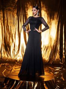 Black Long Sleeve Round Neck Sequin Mesh Maxi Evening Gown - Black - View 4