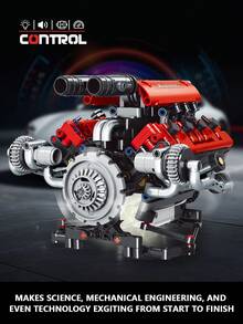 Creative Supercar V8 Engine Building Block, Puzzle Engine Ornaments,Controllable Model Kit With LED Lights And Sound Effects,Desktop Display Models, Create Your Own Mini V8 Engine, Birthday Gifts, Building Block 665PCS/660PCS,Sports Car Engine Building Blocks