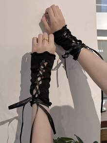 1 对女式 DIY 抽绳荷叶边袖套，Y2K 辣妹多巴胺可爱卡哇伊蕾丝个性化防紫外线多功能手套袖套，适合角色扮演、洛丽塔 JK 女孩装、日常穿着和万圣节拍照 - 彩色 - 查看 3