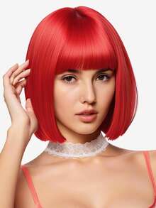Stylish Red Bob Wig With Bangs - Short Straight Cosplay Wig For Halloween Parties, Versatile For All Ethnicities, Costume Hairpiece Versatile Wig Stylish Bangs, Wig Accessories - Red - View 2