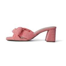 Women's Black Blue Coral Pink Bow Heel Mules – Pleated Fabric Square Toe Block Heel Slip-On Sandals [Size Up Half Size] - Màu Hồng  San hô - Xem 3