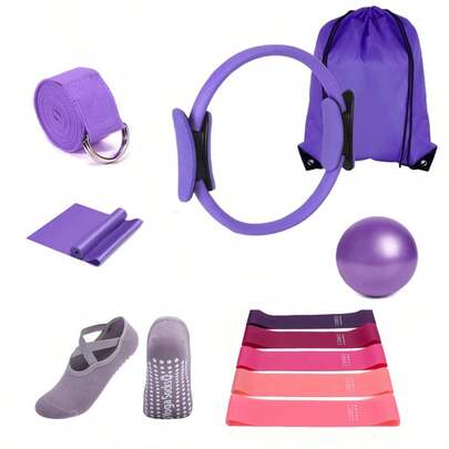 Bộ 11 vòng Pilates - Thiết bị tập thể dục tại nhà cho phụ nữ - Thiết bị kéo giãn dây kháng lực hông, Bóng tập thể dục Pilates Mini Yoga 25cm, Tất tập yoga, Dây kéo giãn, Tấm tập sức mạnh, Túi dây rút. Thích hợp để tập luyện chân, tay, đùi, v.v. tại nhà, phòng tập thể dục, thể thao, phòng tập thể dục, bài tập tại nhà, phụ kiện thể thao, phụ kiện phòng tập thể dục, phụ kiện CrossFit